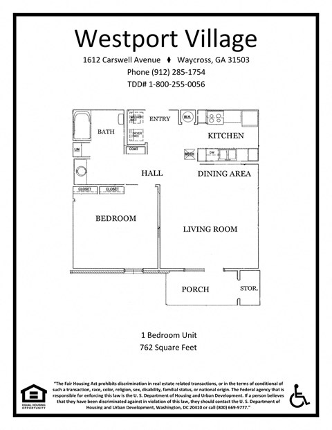 Floor plan for 1 bed, 1 bath, 760 sqft